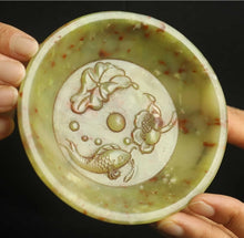 Load image into Gallery viewer, 3.9" H -Chinese Antique Feng Shui Wealth Natural Jade Handcrafted Wealth Blessing Lucky Lotus Flower Golden Fish  Statue Home/Office Decor Sculpture Craft Living Room TV Cabinet Fortune Ornament Housewarming Gift