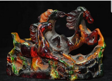 Load image into Gallery viewer, 5.43''L- Chinese Natural Antique Exquisite GEOMANTIC AMBER Handcarved Sculpture Lucky 3 HORSES Success Feng Shui Statue