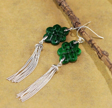 Load image into Gallery viewer, Certified Natural Jadeite Emerald A Jade Pair of Chinese Endless Knot Tassels Jade Earrings with Gift Box