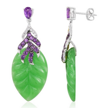 Load image into Gallery viewer, Certified Natural Burmese Jadeite Emerald A Jade HandCarved Pair of Burmese Jade Amethyst Leaf Earrings TGW 40.14 Ctwith Gift Box