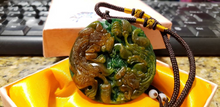 Load image into Gallery viewer, 10% OFF- Certified Natural Red Yellow Green Jadeite Emerald Jade Handcarved Lucky 2 Dragons-Pixiu PendantNO.C888