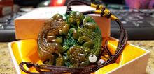 Load image into Gallery viewer, 10% OFF- Certified Natural Red Yellow Green Jadeite Emerald Jade Handcarved Lucky 2 Dragons-Pixiu PendantNO.C888