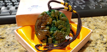 Load image into Gallery viewer, 10% OFF- Certified Natural Red Yellow Green Jadeite Emerald Jade Handcarved Lucky 2 Dragons-Pixiu PendantNO.C888