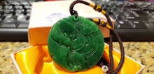 Load image into Gallery viewer, 10% OFF- Certified Natural Red Yellow Green Jadeite Emerald Jade Handcarved Lucky 2 Dragons-Pixiu PendantNO.C888