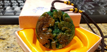 Load image into Gallery viewer, 10% OFF- Certified Natural Red Yellow Green Jadeite Emerald Jade Handcarved Lucky 2 Dragons-Pixiu PendantNO.C888