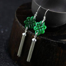 Load image into Gallery viewer, Certified Natural Jadeite Emerald A Jade Pair of Chinese Endless Knot Tassels Jade Earrings with Gift Box