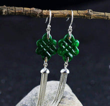 Load image into Gallery viewer, Certified Natural Jadeite Emerald A Jade Pair of Chinese Endless Knot Tassels Jade Earrings with Gift Box