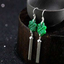 Load image into Gallery viewer, Certified Natural Jadeite Emerald A Jade Pair of Chinese Endless Knot Tassels Jade Earrings with Gift Box