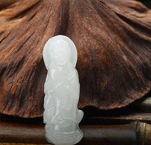 Load image into Gallery viewer, Certified Natural White Emerald Jade Guanyin Pendant