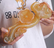 Load image into Gallery viewer, 10.8in/27cm H- Chinese Genuine Natural Yellow Jade HandCarved Big Glossy Ganoderma Flower Ruyi Statue NO.C883