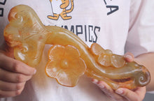 Load image into Gallery viewer, 10.8in/27cm H- Chinese Genuine Natural Yellow Jade HandCarved Big Glossy Ganoderma Flower Ruyi Statue NO.C883