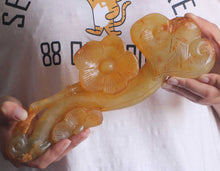 Load image into Gallery viewer, 10.8in/27cm H- Chinese Genuine Natural Yellow Jade HandCarved Big Glossy Ganoderma Flower Ruyi Statue NO.C883