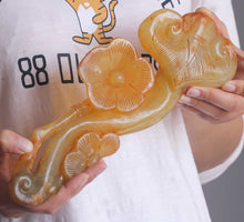 Load image into Gallery viewer, 10.8in/27cm H- Chinese Genuine Natural Yellow Jade HandCarved Big Glossy Ganoderma Flower Ruyi Statue NO.C883