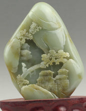 Load image into Gallery viewer, 5.3in/13.4cm H- Chinese Genuine Natural Jade HandCarved Beautiful Landscape Statue (with stand)