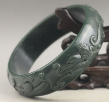 Load image into Gallery viewer, 10% OFF- 77/78/79mm Certified China Natural Green Hetian Emerald A*Jade HandCaved Double Dragons Bangle BIG NO.F508