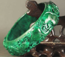 Load image into Gallery viewer, 10% OFF- 61/62/63mm Certified China Natural Green Jadeite Emerald A*Jade HandCaved Double Dragons Ruyi Flower Bangle NO.A340