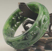 Load image into Gallery viewer, 10% OFF- 59/60/61mm Certified Chinese Natural Green Hetian Emerald A*Jade HandCaved Flower Hollowed Out Bangle A1940