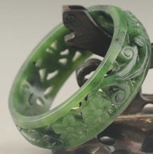 Load image into Gallery viewer, 10% OFF- 59/60/61mm Certified Chinese Natural Green Hetian Emerald A*Jade HandCaved Flower Hollowed Out Bangle A1940