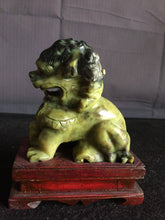 Load image into Gallery viewer, 5.75in/146mm H- Chinese Vintage Genuine Natural Spinach Green Jade HandCarved Lion Statue with wood stand