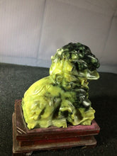 Load image into Gallery viewer, 5.75in/146mm H- Chinese Vintage Genuine Natural Spinach Green Jade HandCarved Lion Statue with wood stand