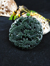 Load image into Gallery viewer, 10% OFF- Certified Natural Green Emerald A*Jade HandCarved Dragon-Phoenix Pendant A89