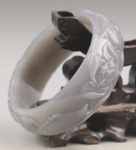 Load image into Gallery viewer, 10% OFF- 56/57/58mm Certified China Natural White Gray Hetian Emerald A*Jade HandCaved Flower Fish Yuanyang Bangle NO.E692