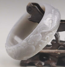 Load image into Gallery viewer, 10% OFF- 56/57/58mm Certified China Natural White Gray Hetian Emerald A*Jade HandCaved Flower Fish Yuanyang Bangle NO.E692