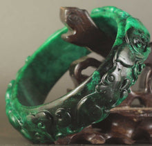 Load image into Gallery viewer, 10% OFF- 61/62/63mm Certified China Natural Green Jadeite Emerald A*Jade HandCaved Double Dragons Ruyi Flower Bangle NO.A340