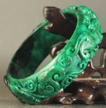 Load image into Gallery viewer, 10% OFF- 61/62/63mm Certified China Natural Green Jadeite Emerald A*Jade HandCaved Double Dragons Ruyi Flower Bangle NO.A340