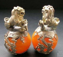 Load image into Gallery viewer, A Pair of Chinese Genuine Natural Orange Jade HandCarved Silver Lion Statues (2pcs)