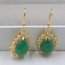 Load image into Gallery viewer, 10% OFF- Certified Natural Jadeite Emerald A Jade Handcarved Lovely Green Jade Pear Shape Dangle Earrings 18K GP 32mm H