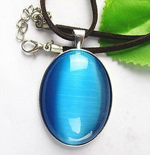 Load image into Gallery viewer, 10% OFF- Certified Natural Sea Blue Emerald A*Jade Oval Cat Eye Pendant with 18'' Rope Necklace