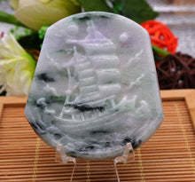 Load image into Gallery viewer, 10% OFF- Certified Natural Jadeite Emerald A Jade Handcarved Tablet Translucent Lucky Ship Pendant GS0246