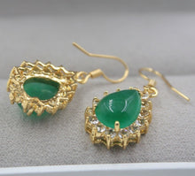 Load image into Gallery viewer, 10% OFF- Certified Natural Jadeite Emerald A Jade Handcarved Lovely Green Jade Pear Shape Dangle Earrings 18K GP 32mm H