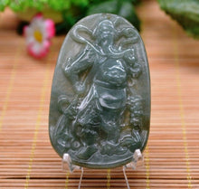 Load image into Gallery viewer, 10% OFF- Certified Natural Oily Green Jadeite Emerald A Jade Handcarved Translucent Guan Yu Pendant A0985