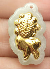Load image into Gallery viewer, 10% OFF- Certified Natural Gold &amp; Icy Jadeite Emerald A*Jade HandCarved Tablet Gold Fish Pendant N0769