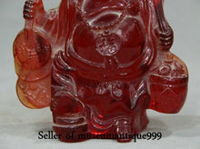 Load image into Gallery viewer, 6''H- Chinese Natural Antique Exquisite GEOMANTIC AMBER Handcarved Sculpture Laugh Buddha Statue