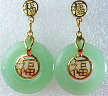 Load image into Gallery viewer, 10% OFF- A Pair of Natural Green Jadeite A Jade Yellow Gold Plated Fortune Good Luck Dangle Stud Earrings