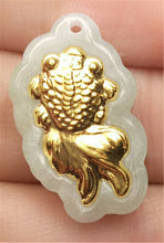 Load image into Gallery viewer, 10% OFF- Certified Natural Gold &amp; Icy Jadeite Emerald A*Jade HandCarved Tablet Gold Fish Pendant N0769
