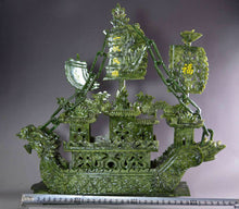 Load image into Gallery viewer, 14.57in/370mm H- Chinese Genuine Natural Green Jade HandCarved Dragon Boat Statue