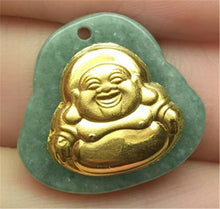 Load image into Gallery viewer, 10% OFF- Certified Natural Gold &amp; Icy Jadeite Emerald A*Jade HandCarved Tablet Happy Buddha 佛 Pendant N6447