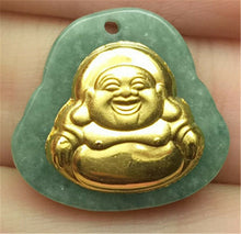 Load image into Gallery viewer, 10% OFF- Certified Natural Gold &amp; Icy Jadeite Emerald A*Jade HandCarved Tablet Happy Buddha 佛 Pendant N6447