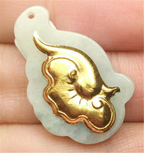 Load image into Gallery viewer, 10% OFF- Certified Natural Gold &amp; Icy Jadeite Emerald A*Jade HandCarved Tablet Ruyi 吉祥如意 Pendant N0765