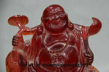Load image into Gallery viewer, 6''H- Chinese Natural Antique Exquisite GEOMANTIC AMBER Handcarved Sculpture Laugh Buddha Statue