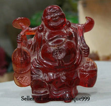 Load image into Gallery viewer, 6''H- Chinese Natural Antique Exquisite GEOMANTIC AMBER Handcarved Sculpture Laugh Buddha Statue