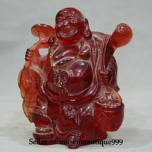 Load image into Gallery viewer, 6''H- Chinese Natural Antique Exquisite GEOMANTIC AMBER Handcarved Sculpture Laugh Buddha Statue