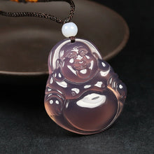 Load image into Gallery viewer, 10% OFF- Certified Natural Icy Purple-Pink Emerald A Jade Handcrafted Happy Buddha Pendant