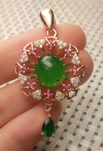 Load image into Gallery viewer, 10% OFF- Certified Natural Emerald A*Jade Handcrafted Green Jade Sun Flower Pendant-Rose Gold 925 Sterling Silver A2960