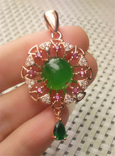 Load image into Gallery viewer, 10% OFF- Certified Natural Emerald A*Jade Handcrafted Green Jade Sun Flower Pendant-Rose Gold 925 Sterling Silver A2960