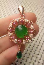 Load image into Gallery viewer, 10% OFF- Certified Natural Emerald A*Jade Handcrafted Green Jade Sun Flower Pendant-Rose Gold 925 Sterling Silver A2960